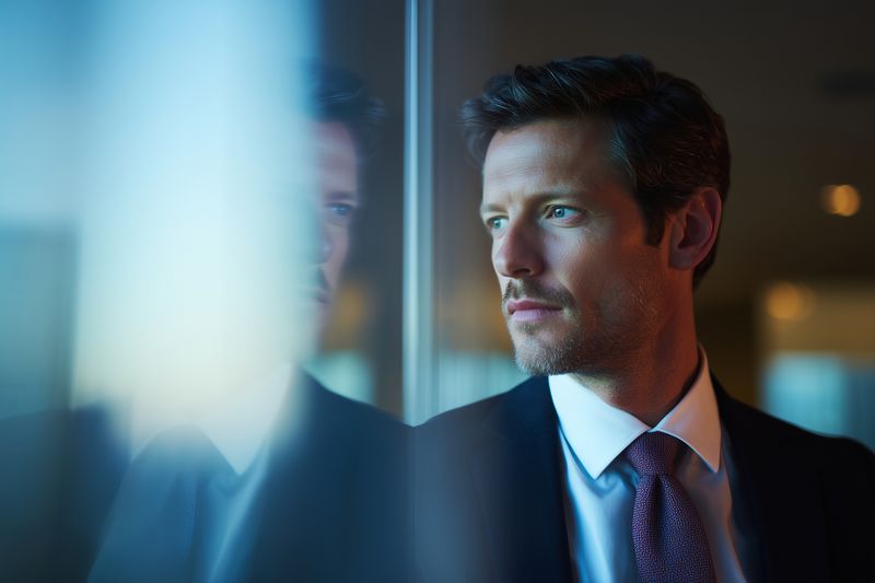 Portrait of a thoughtful businessman in a tailored suit standing by a reflective window at dusk, soft evening light and bokeh creating a calm, contemplative professional mood.