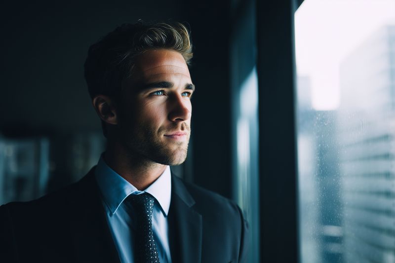 A young businessman in a tailored suit stands by a large office window, gazing toward the city skyline. Soft natural light highlights his contemplative expression and quiet confidence.