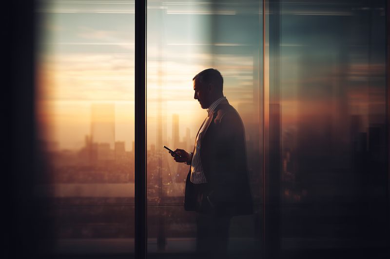 Silhouette of a businessman checking his smartphone by a large window overlooking a city skyline at sunset, warm light and reflections creating a moody corporate atmosphere and solitude.