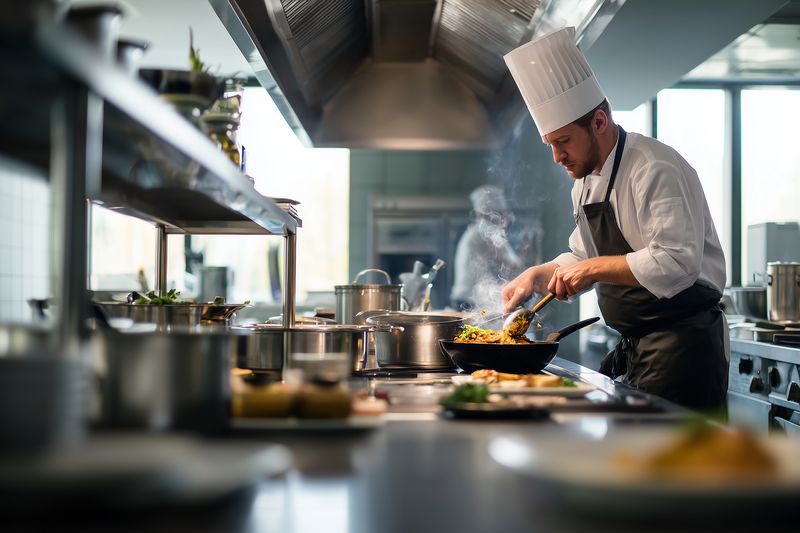 Professional chef in white uniform and tall hat expertly sautés vegetables in a busy commercial kitchen, generating steam and vibrant aromas while preparing plated dishes.