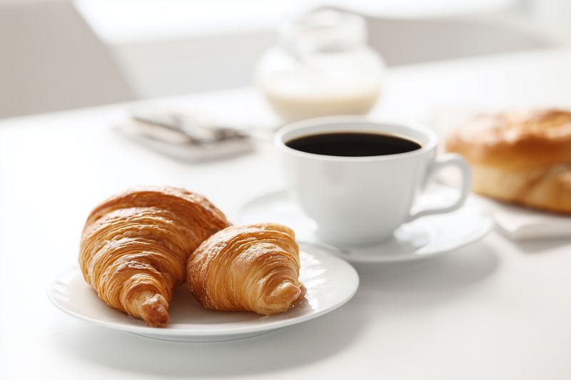 Fresh golden croissants served on a white plate beside a steaming cup of black coffee on a bright table, creating a cozy breakfast scene with soft natural lighting.