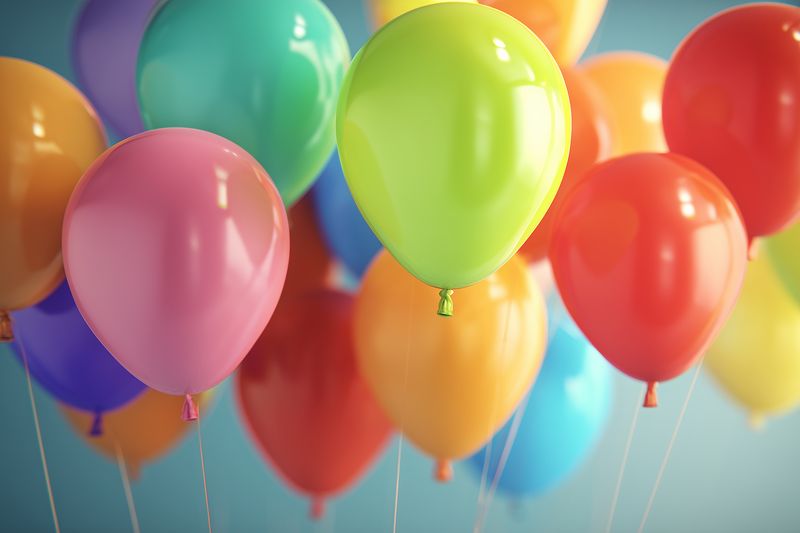 Vibrant colorful latex balloons floating against a soft blue background, creating a festive cheerful atmosphere ideal for celebrations, parties, events and joyful gatherings.