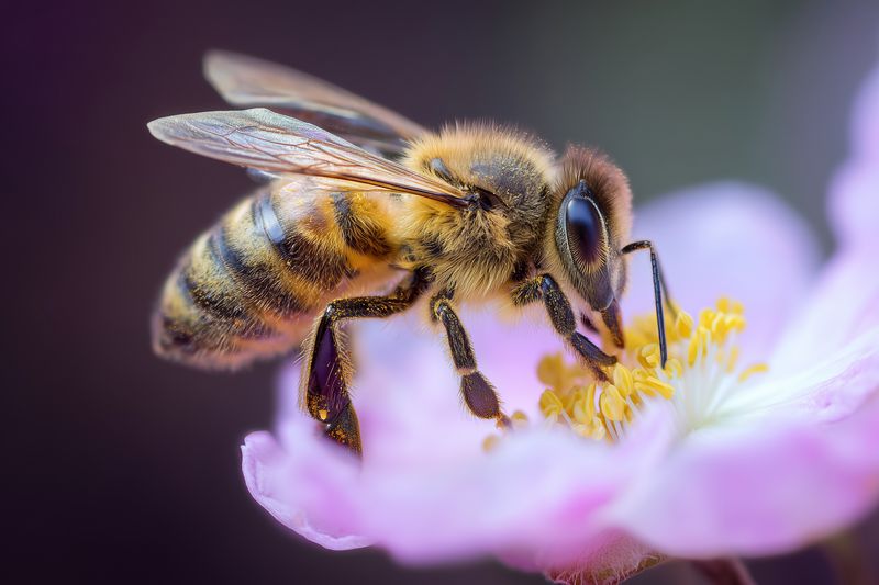 Macro close-up of a honeybee collecting pollen on a delicate pink blossom, revealing fine hairs, translucent wings and intricate texture in soft natural light with shallow depth.
