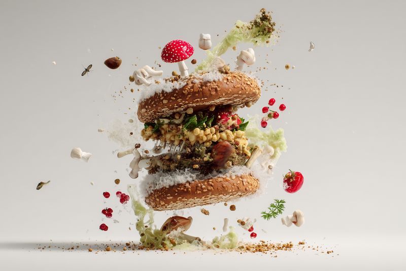 Surreal floating sandwich with multigrain buns, mushrooms, herbs, spices and scattered crumbs captured in midair, emphasizing texture, motion and gourmet ingredients.
