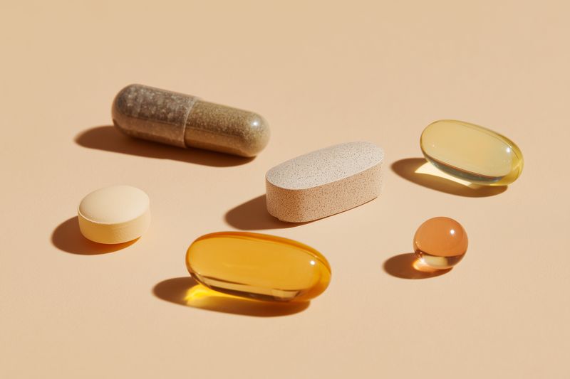 Assortment of dietary supplements and capsules arranged on a soft beige background, highlighting varied shapes, textures and translucent softgels for vitamins, minerals and herbal remedies.