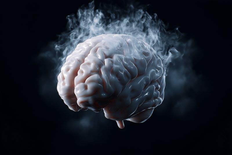 Detailed anatomical brain model suspended in dark space with ethereal smoke, highlighting cerebral folds and texture, a striking concept image for neuroscience, cognition, medical research and mental