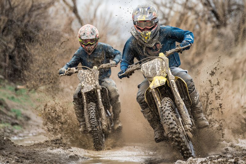 Two motocross riders speeding through a muddy off-road trail, splashing water and dirt as they navigate rough terrain in helmets and goggles, showcasing dynamic motion and adrenaline.