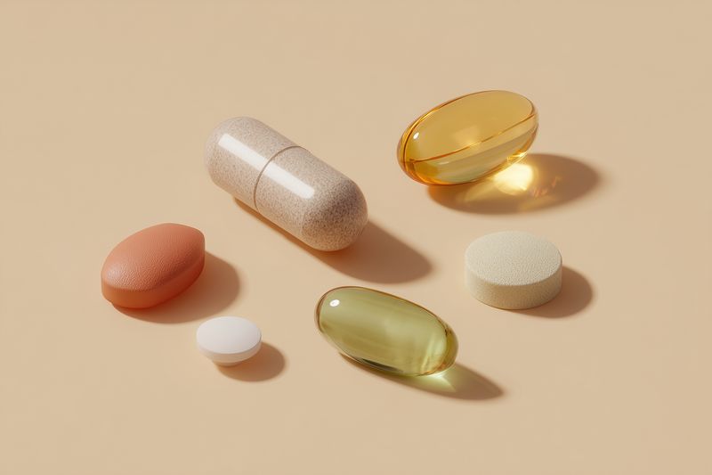 Close-up of assorted supplements and medication capsules and tablets arranged on a neutral beige surface, highlighting varied textures, shapes, translucent gels and matte coatings.