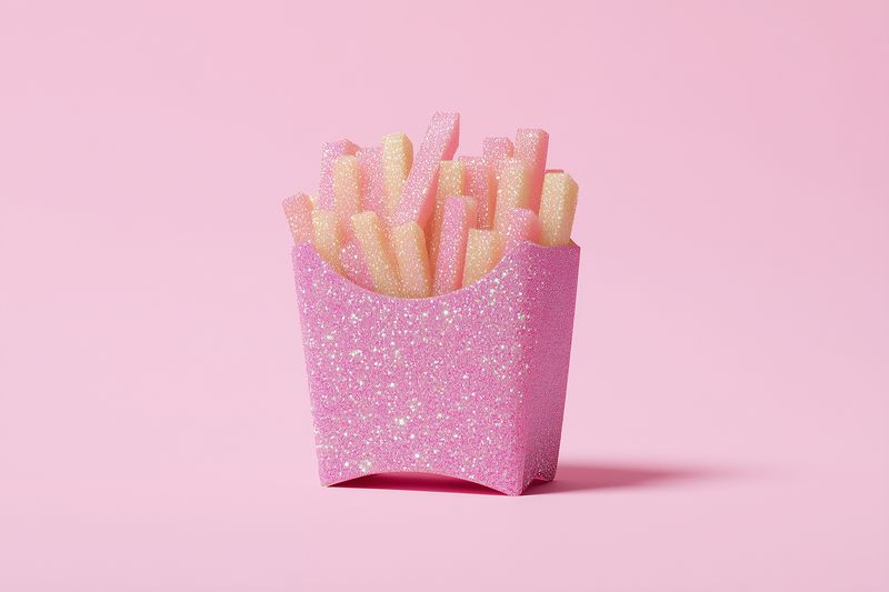 Close-up of glittery pink fries in a sparkly pink carton on a pastel pink background, whimsical still life with playful texture and vibrant monochrome styling and soft shadow.