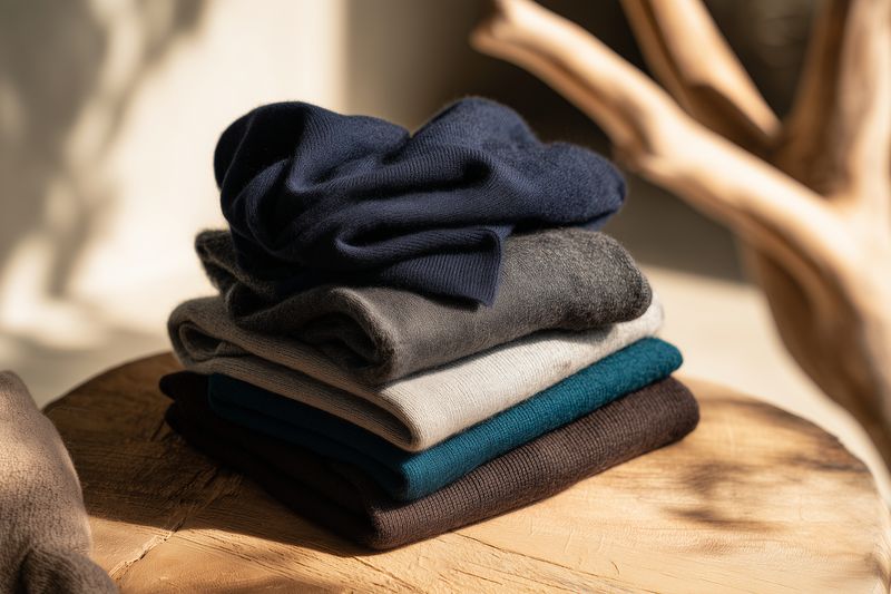 Stack of folded knit sweaters arranged on a wooden table, bathed in warm sunlight creating soft shadows and highlighting textures of cozy wool and neutral tones for seasonal styling.