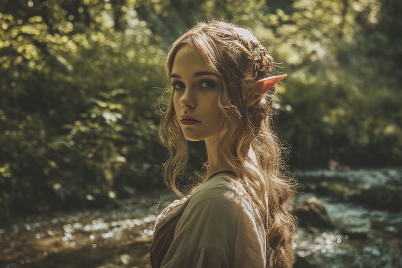 Portrait of a young woman wearing elf ears by a sunlit forest stream, braided hair and medieval inspired costume create an ethereal, cinematic mood with soft natural light and dreamy atmosphere.