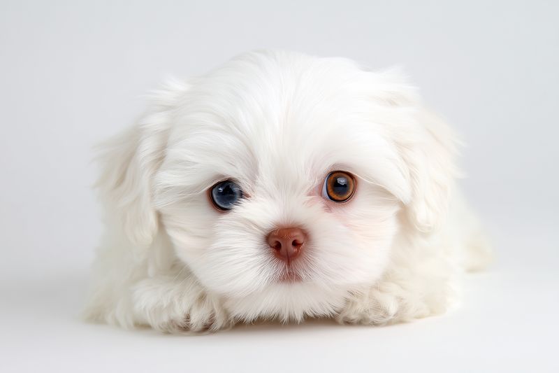 Close-up studio portrait of a small white fluffy puppy with one blue eye and one brown eye lying on a neutral background, showcasing soft fur, expressive gaze and gentle facial features.