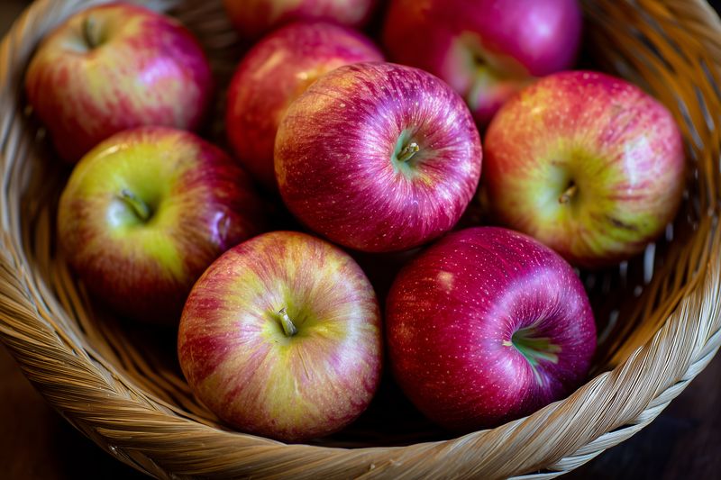 Close-up of ripe red and yellow apples in a woven basket, highlighting natural texture and glossy skin with soft light, perfect for culinary, market, and healthy lifestyle themes.