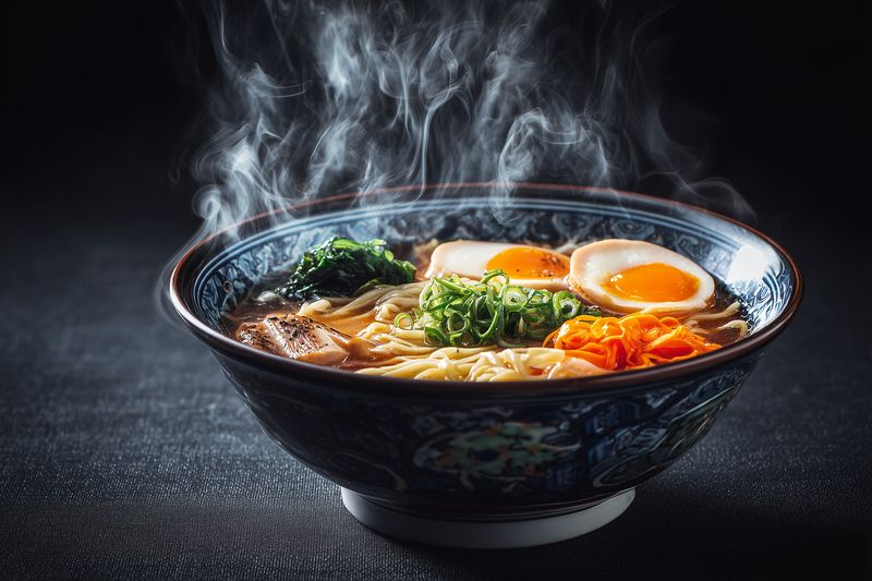 Steaming bowl of savory noodle soup with soft boiled eggs, sliced pork, fresh greens, scallions and vegetables in rich aromatic broth served in an ornate ceramic bowl.