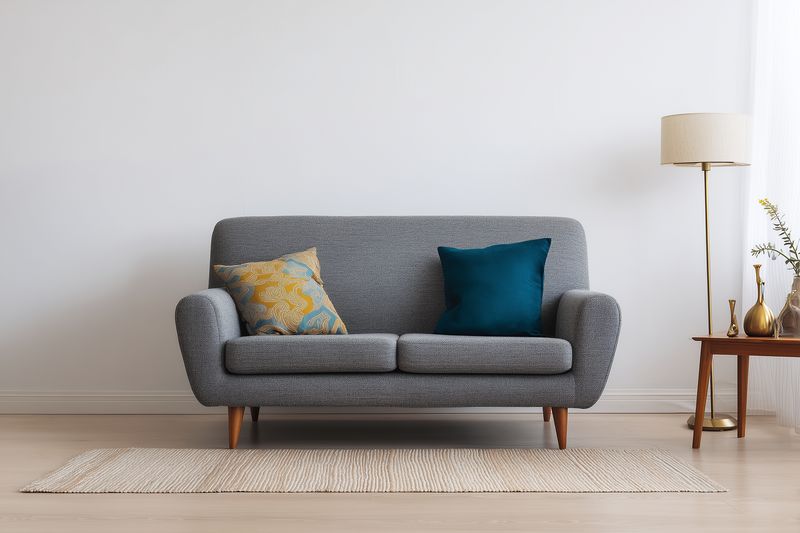 Contemporary gray fabric sofa with patterned and teal cushions in a minimalist living room setting, wooden legs on light hardwood floor, textured rug, side table with lamp and decorative vases.