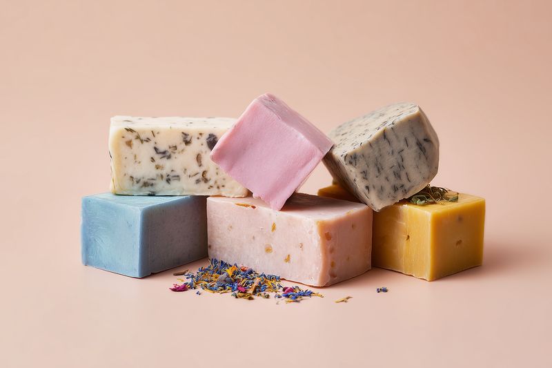 Assortment of colorful handmade soap bars stacked on a neutral background, featuring pastel tones, textured surfaces and botanical accents for natural skincare and bath decor.