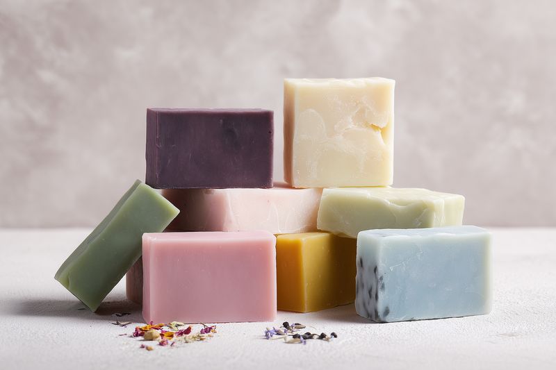 A neatly stacked assortment of colorful handmade soap bars on a neutral backdrop, highlighting natural textures, pastel tones and scattered dried flower petals for organic beauty.
