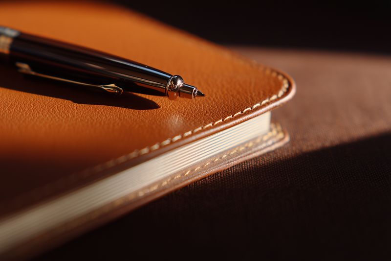 Close-up of a leather notebook with stitched edges and a sleek metal pen resting on top, captured in warm natural light creating soft shadows and a cozy workspace mood.