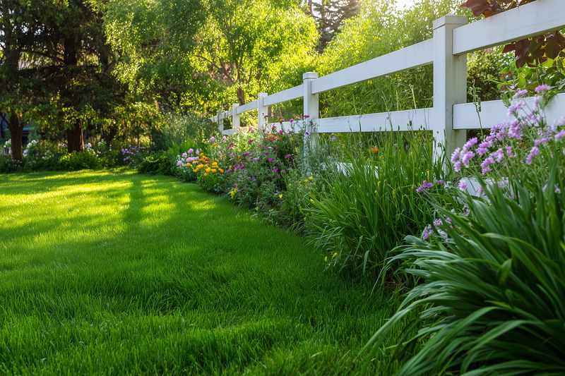 Sunlit suburban garden with vibrant green lawn, white wooden fence and colorful flowering borders, creating a peaceful backyard scene full of summer light and natural beauty.