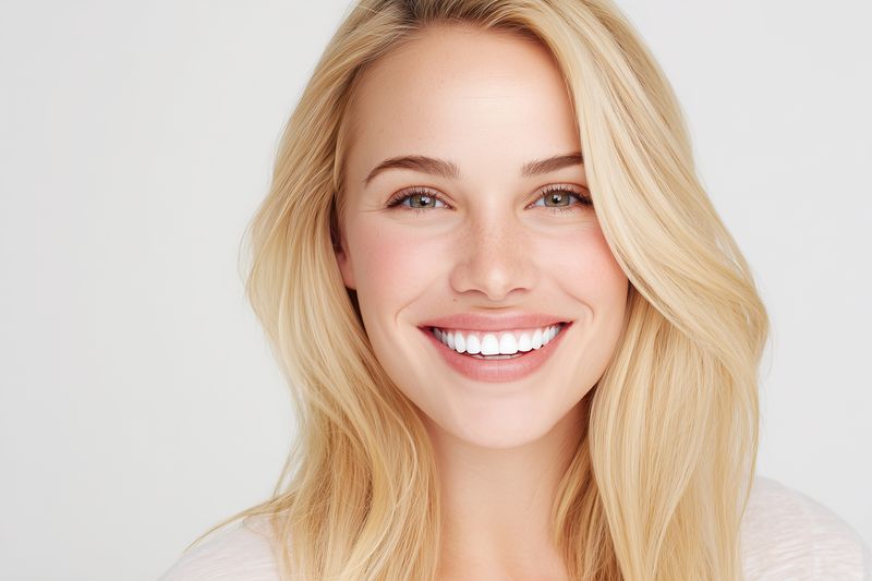 Close-up portrait of a smiling young woman with long blonde hair and bright white teeth, looking directly at the camera against a soft neutral background with natural makeup.
