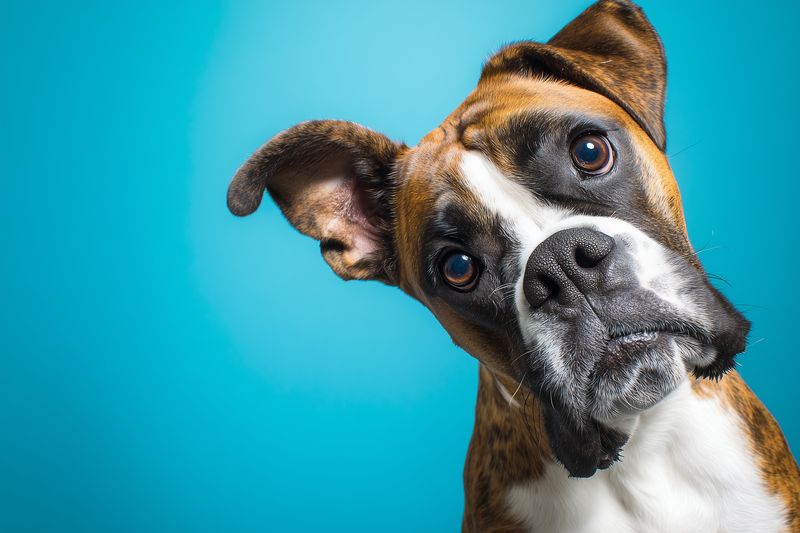 Studio portrait of a curious brindle boxer dog tilting its head with expressive eyes and floppy ears against a bright cyan background, capturing playful personality, attentive gaze, vibrant color and