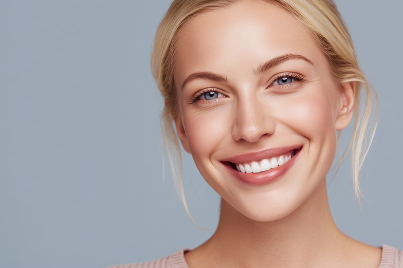 Close-up studio portrait of a smiling blonde woman with clear skin and bright blue eyes, conveying natural beauty, youthful confidence and positive emotion in soft flattering lighting.