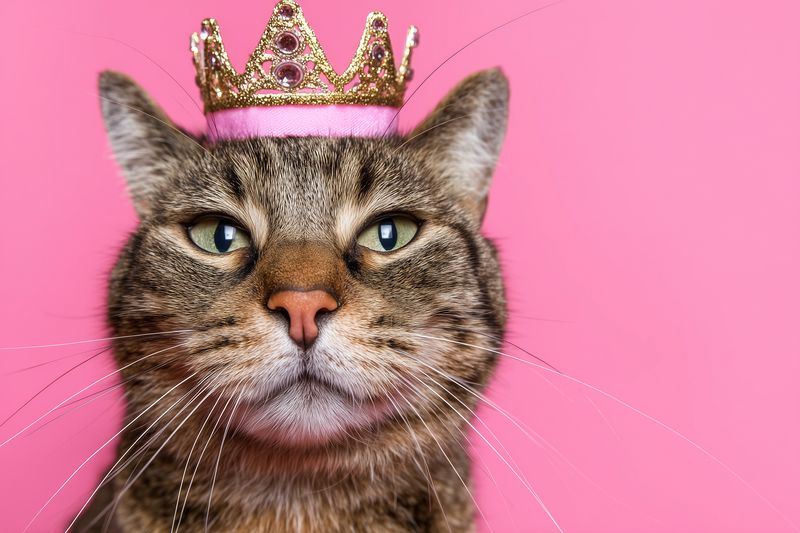 Close-up portrait of a tabby cat wearing a small glitter crown on a pink background, showcasing regal expression, fur texture, whiskers and confident gaze in soft light.