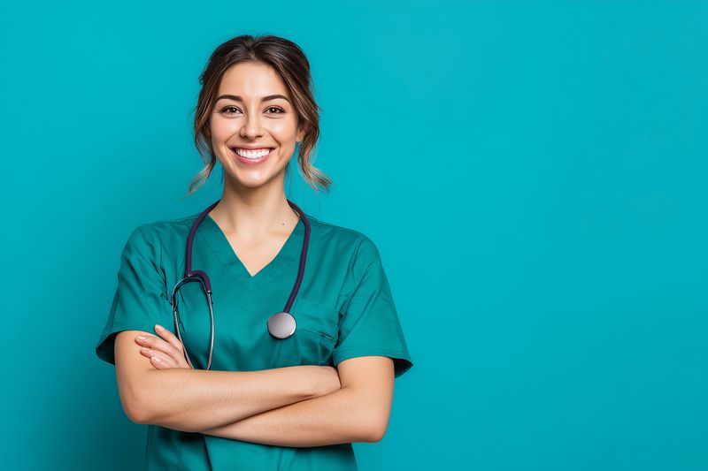 Smiling healthcare professional in green scrubs with stethoscope and crossed arms against a bright turquoise background, conveying warmth, confidence and approachability for medical use.