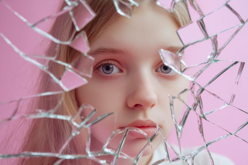 Close-up portrait of a young girl seen through shattered mirror fragments, conveying vulnerability and introspection against a soft pastel pink background with delicate lighting.
