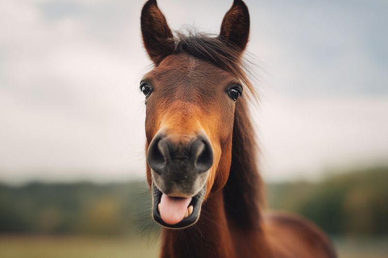 Close-up portrait of a playful brown horse sticking out its tongue in a soft-focused outdoor setting, capturing expressive eyes, glossy coat and lively personality in natural light.