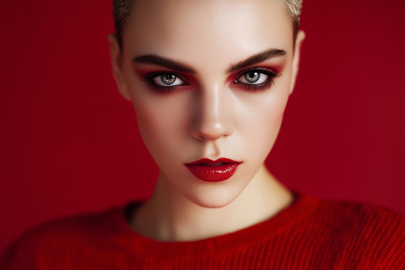 Close-up portrait of a young woman with bold red makeup and short hair against a red background, featuring dramatic smoky eyes, glossy lips, flawless skin and intense gaze.