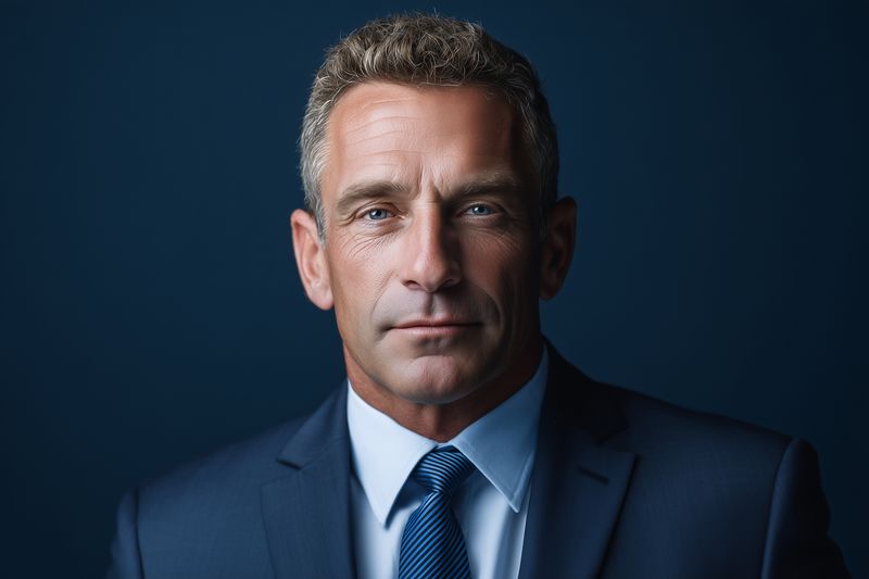 Close studio portrait of a confident mature businessman in a tailored dark suit and tie, looking directly at camera with calm intensity, dramatic lighting defining facial features.