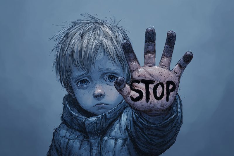 Illustration of a sad young boy holding up his hand with the word STOP painted on his palm, a powerful emotional image conveying plea for help, vulnerability and distress.