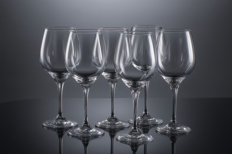 Studio photo of six empty wine glasses arranged in two rows, showcasing elegant silhouettes, clear reflections and subtle highlights on glass surfaces against a soft gray background.