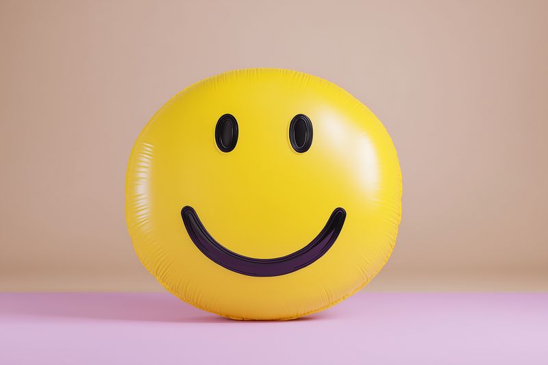 Bright yellow smiley face balloon on a soft pastel backdrop, inflatable emoticon conveying cheerful happiness and positivity, simple playful composition with smooth glossy texture and soft lighting.