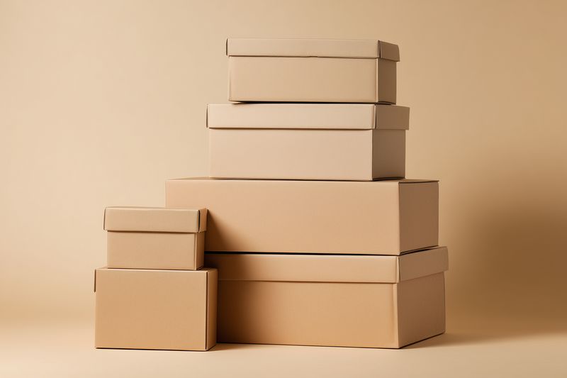 Stack of brown cardboard boxes arranged in a pyramid on a neutral beige background, showcasing packaging, storage and shipping concepts with soft studio lighting and visible texture.