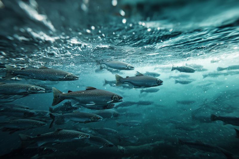 Underwater photograph of a dense school of fish swimming in cool blue water, light filtering from the surface and creating a dynamic, atmospheric marine scene with motion.