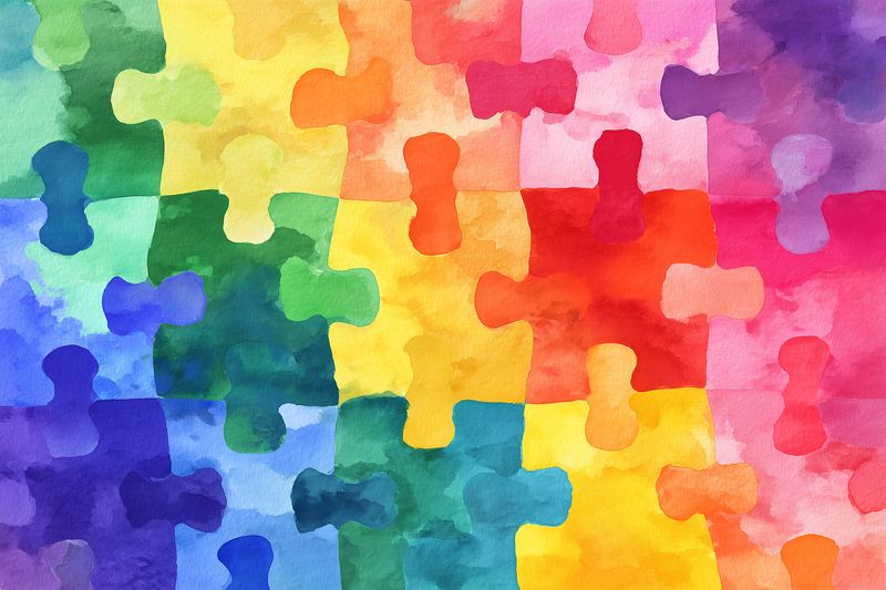 Colorful watercolor jigsaw puzzle pattern in vibrant rainbow hues, abstract interlocking pieces creating artistic texture and playful composition suitable for backgrounds and creative projects.