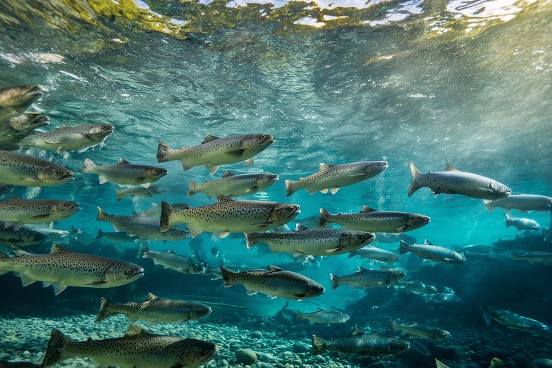 Underwater photograph of a dense school of fish swimming in clear shallow water with sunlight filtering through the surface and pebbled riverbed visible below in nature.