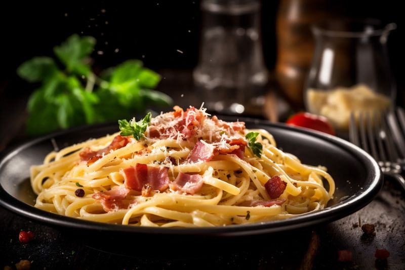 food spaghetti pasta bacon sauce meal cheese italian meat carbonara. Generative AI.