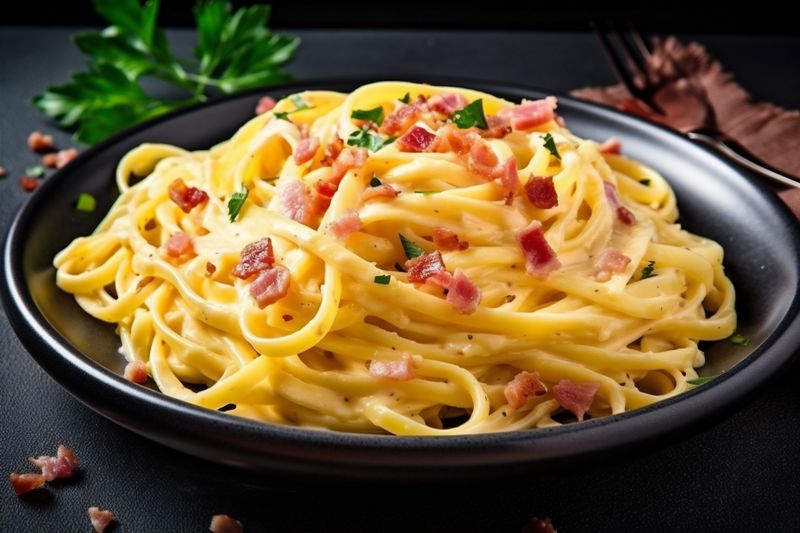 spaghetti food carbonara italian bacon cheese meat meal pasta sauce. Generative AI.
