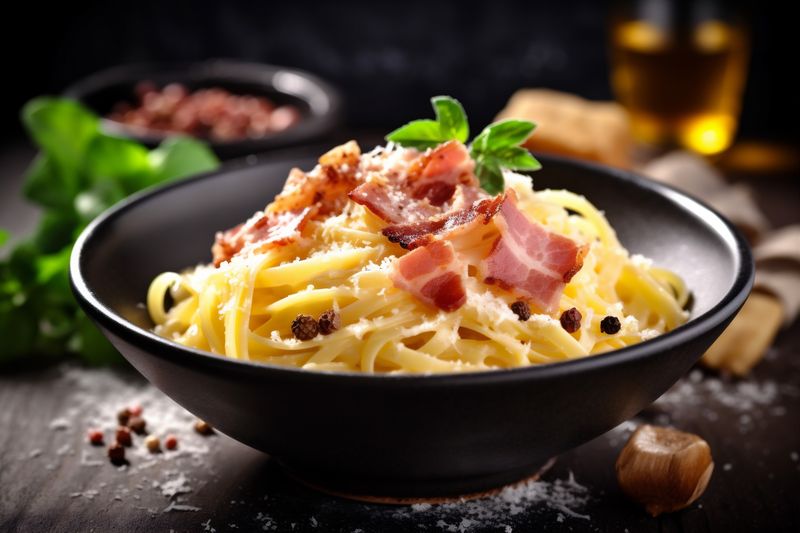 italian cheese meat pasta food carbonara sauce spaghetti meal bacon. Generative AI.