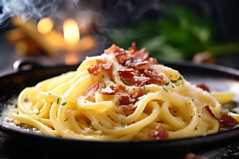 pasta meat food bacon cheese italian sauce carbonara meal spaghetti. Generative AI.