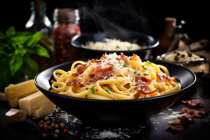 spaghetti sauce pasta cheese bacon italian meat food meal carbonara. Generative AI.