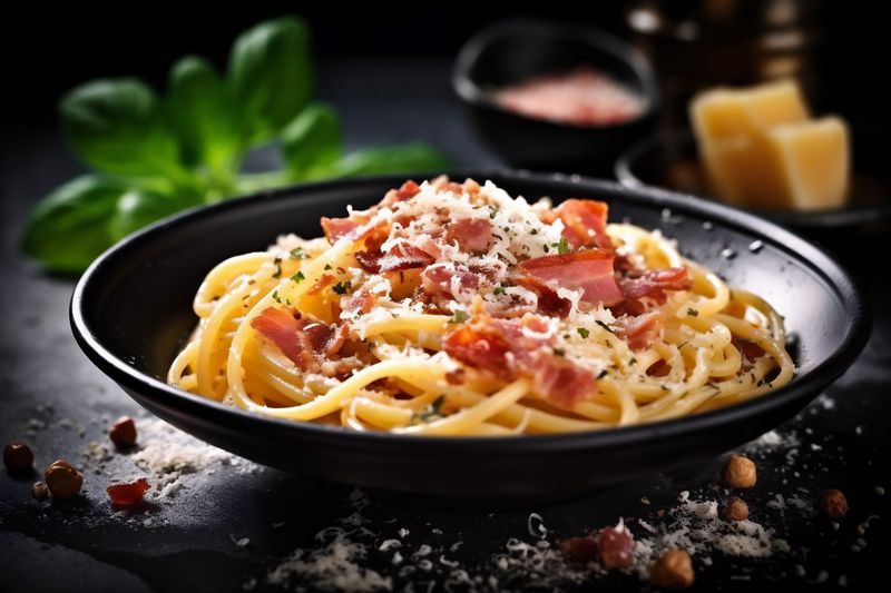 spaghetti meal pasta food carbonara italian meat sauce bacon cheese. Generative AI.