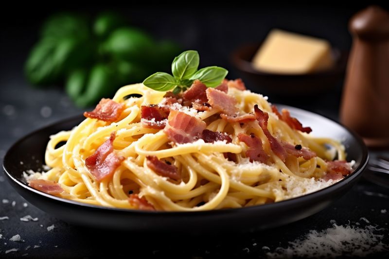 pasta italian bacon sauce spaghetti food cheese meat carbonara meal. Generative AI.