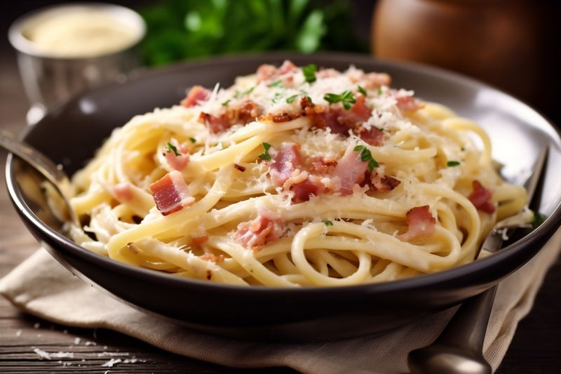 meal cheese italian spaghetti sauce food pasta carbonara meat bacon. Generative AI.