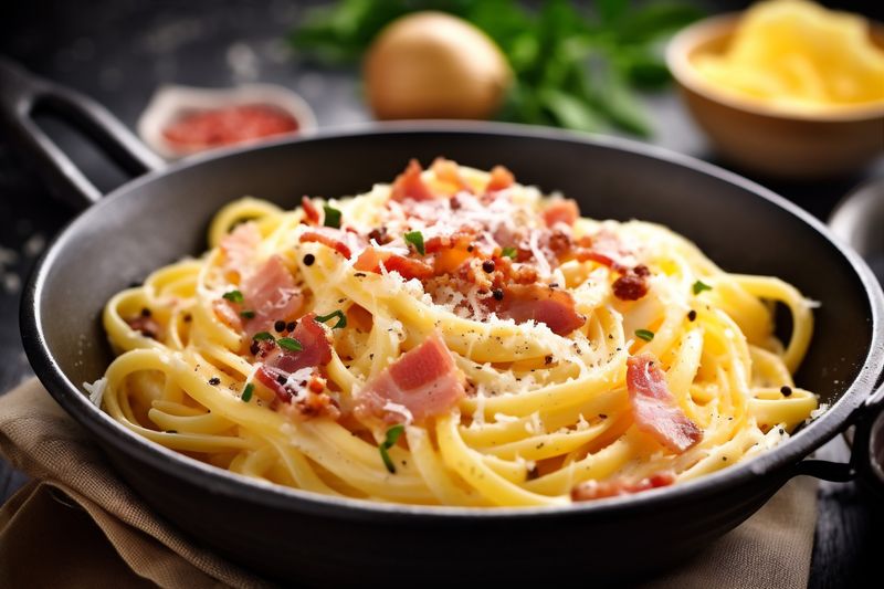 pasta cheese italian meat spaghetti sauce carbonara bacon food meal. Generative AI.