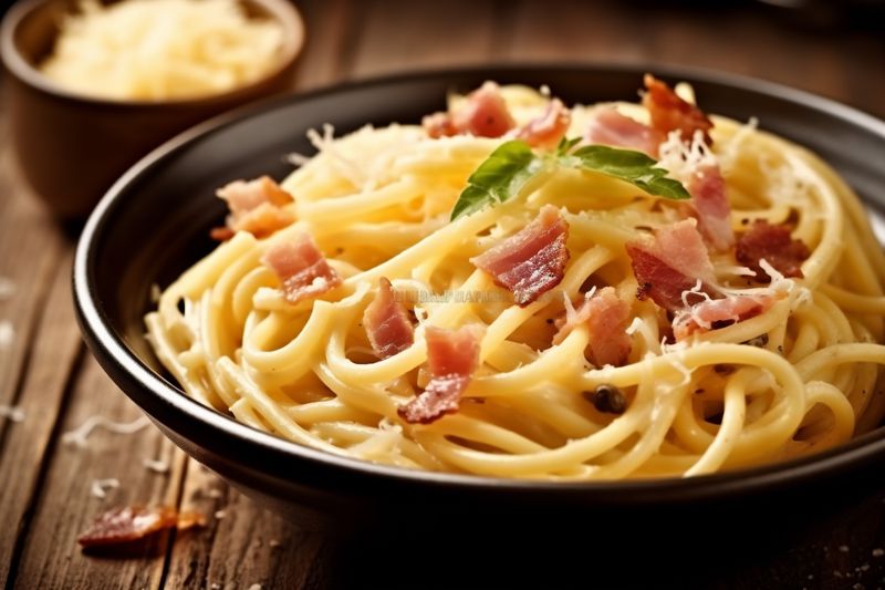 pasta sauce spaghetti meat bacon food meal carbonara cheese italian. Generative AI.