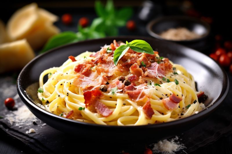cheese spaghetti sauce bacon italian meal food meat pasta carbonara. Generative AI.